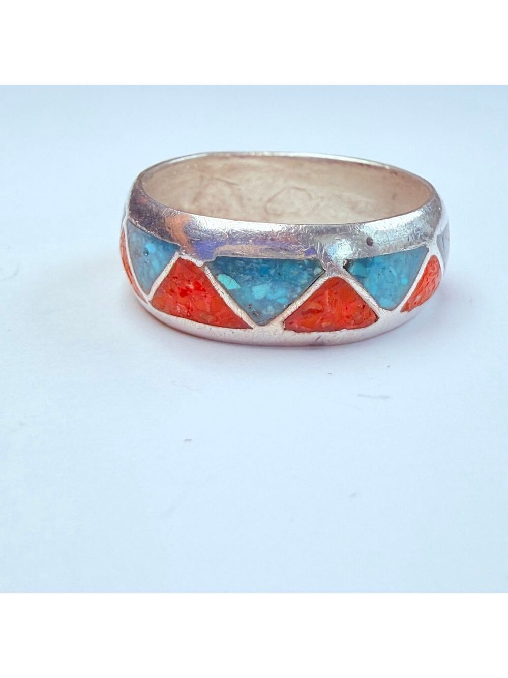 Native American Navajo Turquoise & Coral Sterling Silver 925 Vintage Band Ring